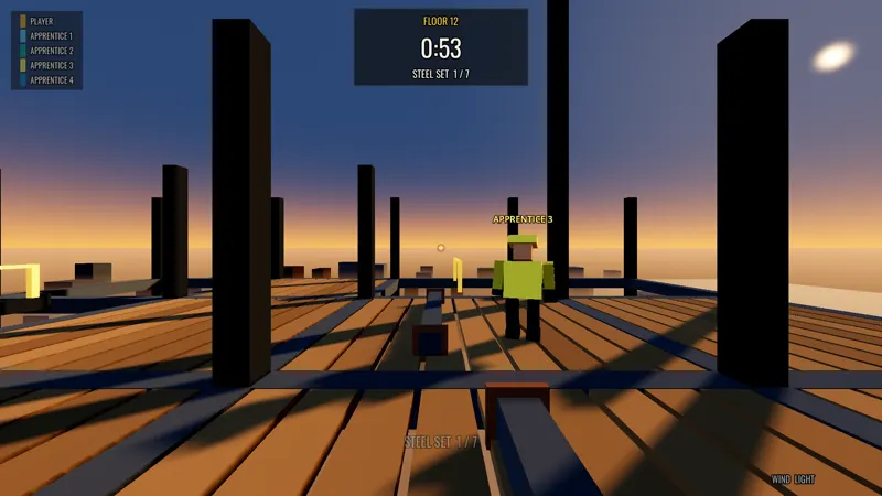 A crew of ironworkers on an unfinished floor at dusk, a shift clock counting down