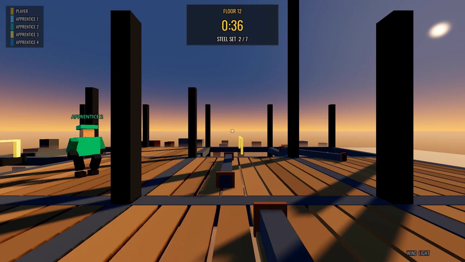 Two ironworkers carrying a steel beam across an unfinished floor at sunset