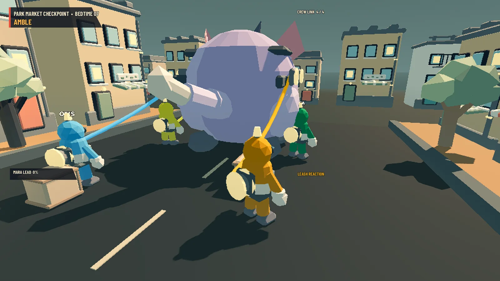 Four color-coded handlers holding separate leads around the giant lavender pet in a city street.