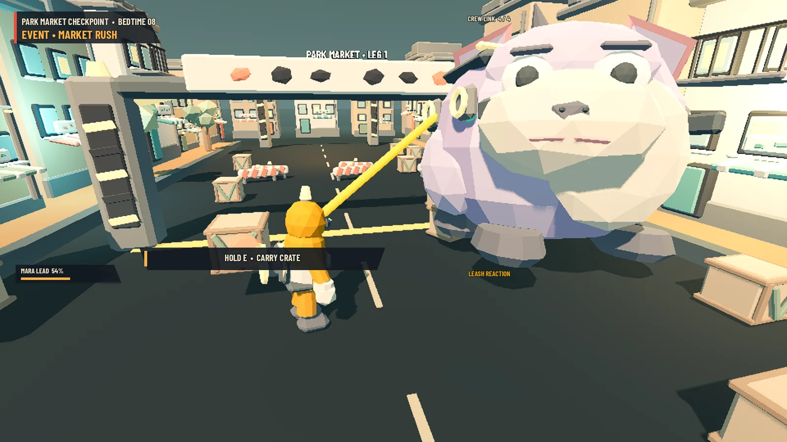 A handler carries a street crate while the crew manages Bean.